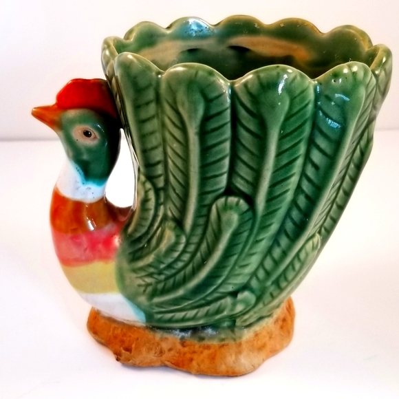 Art Vtg Hand Painted Pottery Peacock Vaseplanter 5 Tall Poshmark